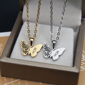 Free lettering stainless steel gold hollow butterfly necklace